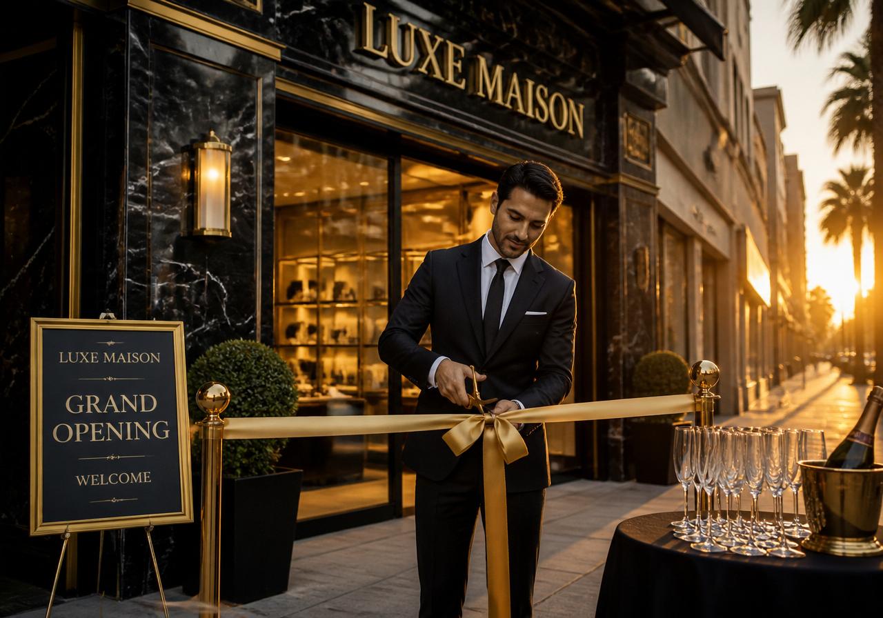 Empresário cortando fita dourada na inauguração de um negócio de luxo