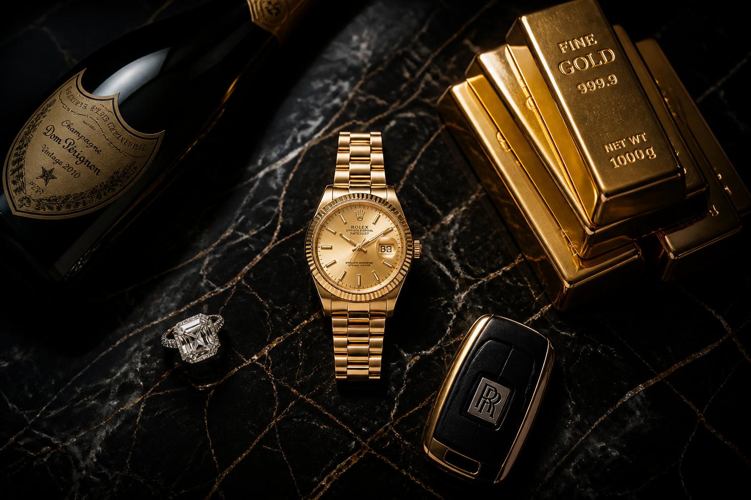 Mosaico de luxo: Rolex, diamante, champagne, ouro